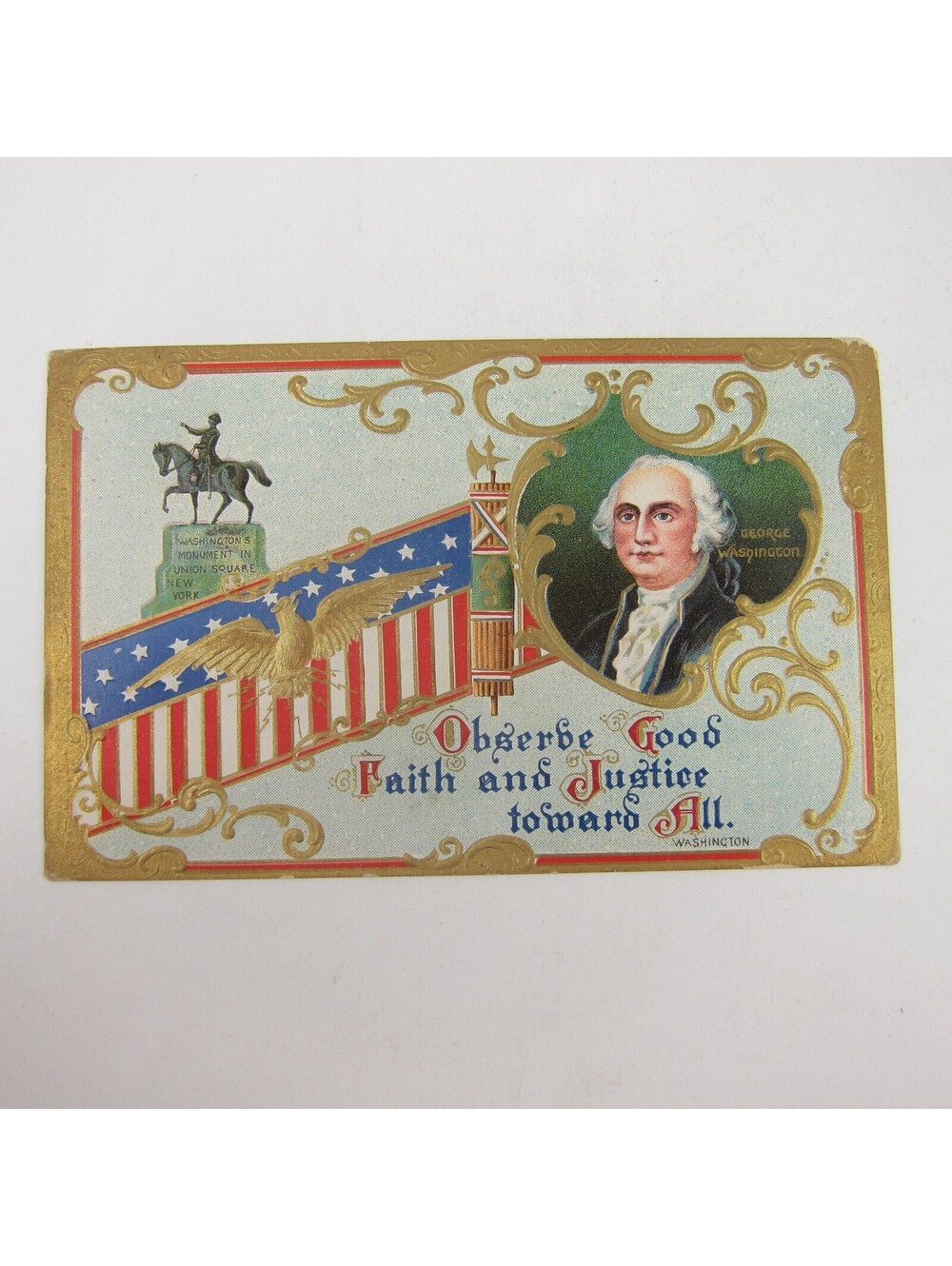 Postcard George Washington Portrait & NY Monument Patriotic Embossed Antique